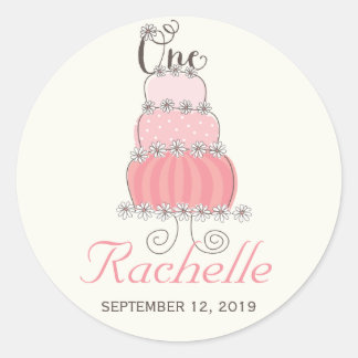 Pegatina Redonda Pink Cake Baby Girl Primer cumpleaños Fiesta etiqu