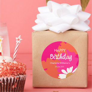 Pegatina Redonda Pink caliente y Naranja Floral Feliz cumpleaños Fi