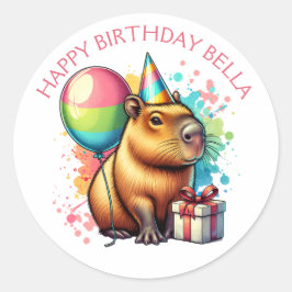 Pegatina Redonda  Pink Capybara Themed Girl's Happy Birthday 