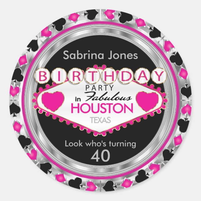 Pegatina Redonda Pink Casino Poker Chip Birday Party (Anverso)