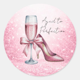 Pegatina Redonda Pink Champagne Glass Aged To Perfection Birthday