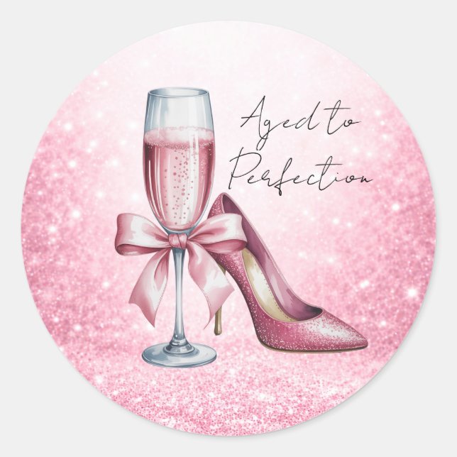 Pegatina Redonda Pink Champagne Glass Aged To Perfection Birthday (Anverso)