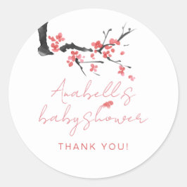 Pegatina Redonda Pink Cherry Blossom Script Baby Shower Thank You