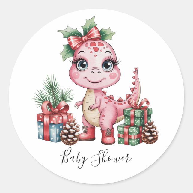 Pegatina Redonda Pink Christmas Dino Girl Baby Shower (Anverso)