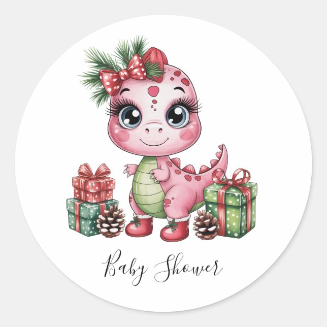Pegatina Redonda Pink Christmas Dino Girl Baby Shower (Anverso)