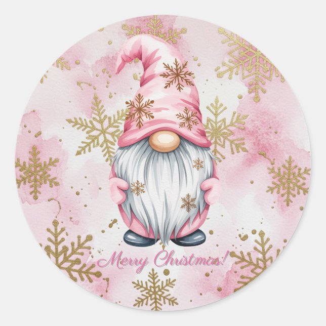 Pegatina Redonda Pink Christmas Gnome Gold Snowflakes (Anverso)