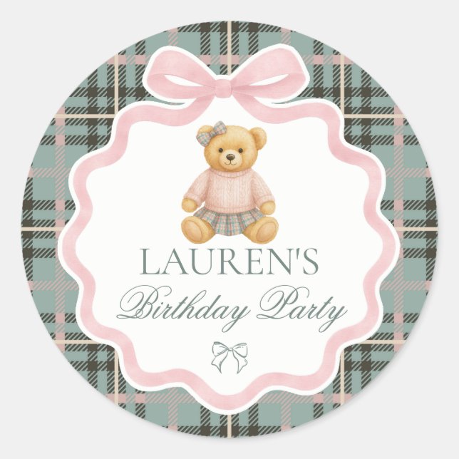 Pegatina Redonda Pink Coquette Bow Bear Birthday Envelope Seal (Anverso)