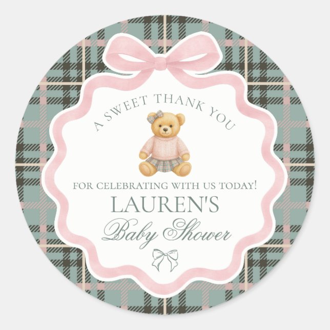 Pegatina Redonda Pink Coquette Bow Bear Tartan Baby Shower Favor (Anverso)