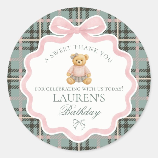 Pegatina Redonda Pink Coquette Bow Bear Tartan Birthday Favor (Anverso)