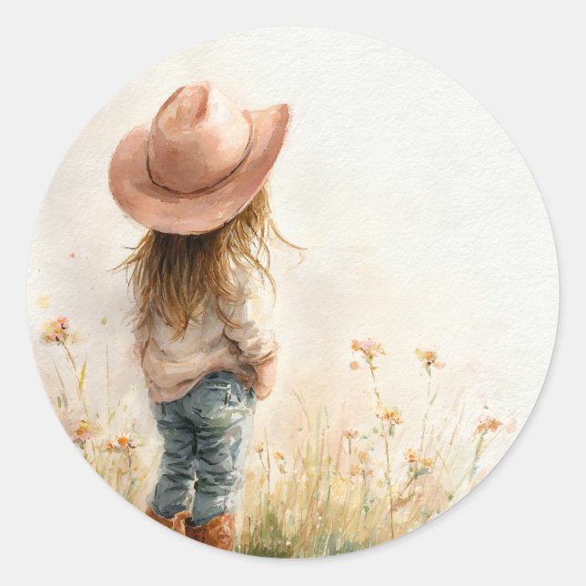 Pegatina Redonda Pink Cowgirl Birthday | Farm Theme 1st  (Anverso)