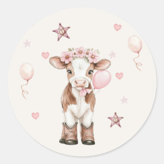 Pegatina Redonda Pink Cowgirl Birthday | Farm Theme 1st