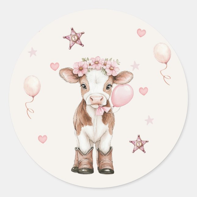 Pegatina Redonda Pink Cowgirl Birthday | Farm Theme 1st  (Anverso)