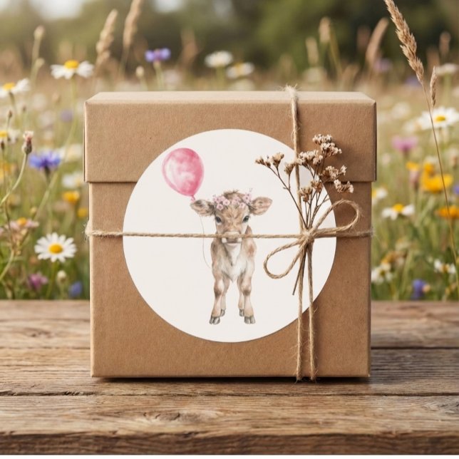 Pegatina Redonda Pink Cowgirl Birthday | Farm Theme 1st  (cowgirl calf sticker on kraft gift box with twine on rustic table in a wildflower meadow)