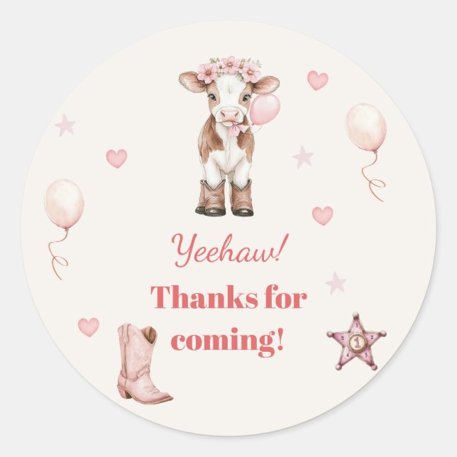 Pegatina Redonda Pink Cowgirl Birthday Invitation | Farm Theme 1st  (Anverso)