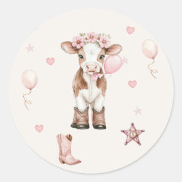 Pegatina Redonda Pink Cowgirl Birthday Invitation | Farm Theme 1st 