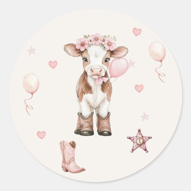 Pegatina Redonda Pink Cowgirl Birthday Invitation | Farm Theme 1st  (Anverso)
