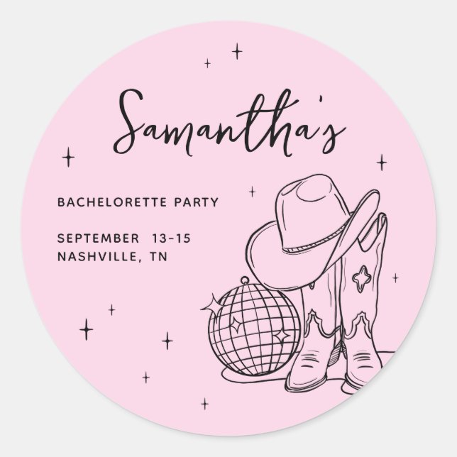Pegatina Redonda Pink Cowgirl Disco Last Rodeo Bachelorette Party (Anverso)