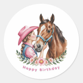 Pegatina Redonda Pink Cowgirl Kissing a Horse Birthday Party