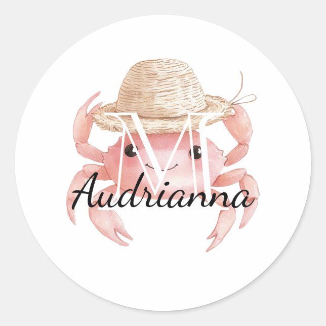Pegatina Redonda Pink Crab with Hat Monogram (Anverso)