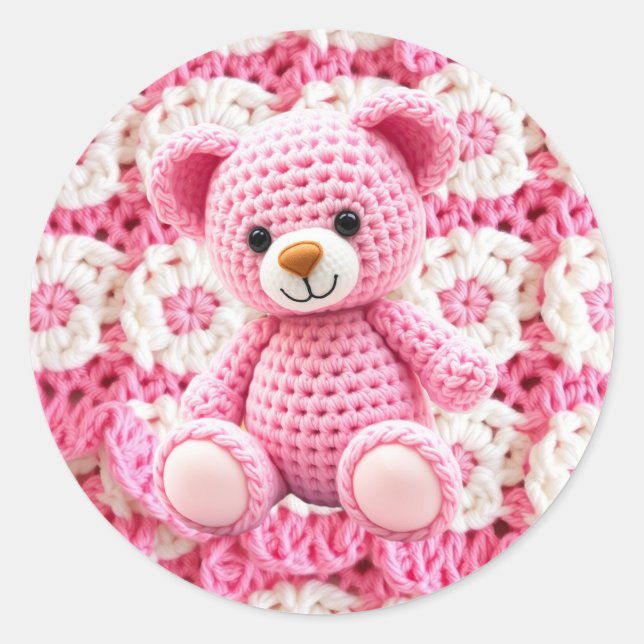 Pegatina Redonda Pink Crocheted Teddy Bear It's a Girl (Anverso)