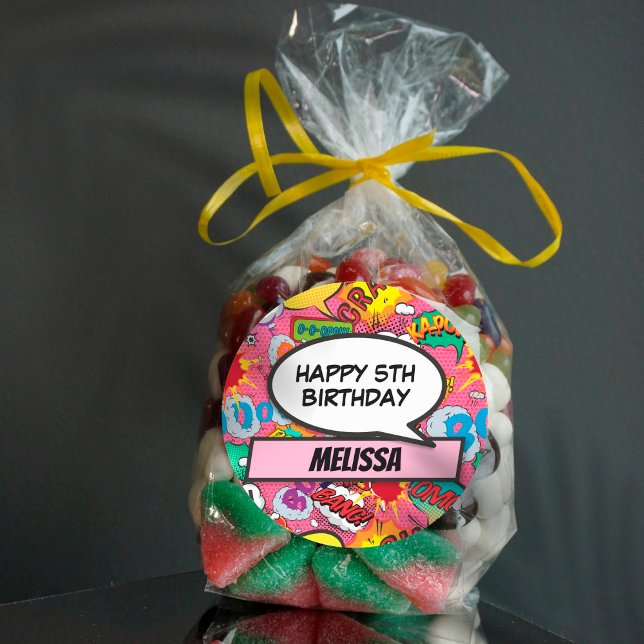 Pegatina Redonda Pink Custom Comic Book Superhero Birthday Party (Subido por el creador)