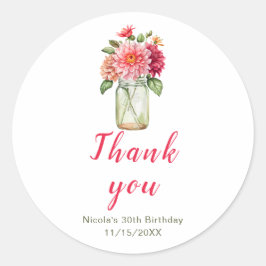 Pegatina Redonda Pink Dahlias Mason Jar Birthday Party