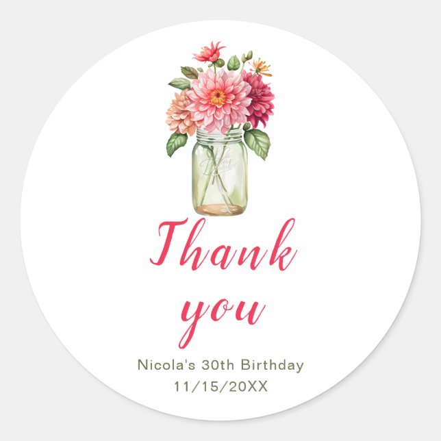 Pegatina Redonda Pink Dahlias Mason Jar Birthday Party (Anverso)