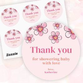 Pegatina Redonda Pink Daisy Girl Baby Shower Thank You 
