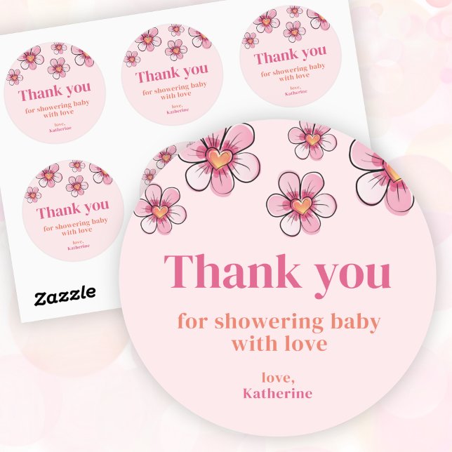 Pegatina Redonda Pink Daisy Girl Baby Shower Thank You  (Pink Daisy Girl Baby Shower Thank You Classic Round Sticker)