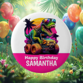 Pegatina Redonda PINK Dino-Mite MONSTER TRUCK Fiesta de cumpleaños