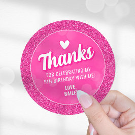 Pegatina Redonda Pink Doll Sticker, Glitter Girl Birthday Thank You