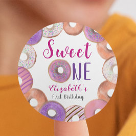 Pegatina Redonda Pink Donut Sweet One First Birday Personalizado