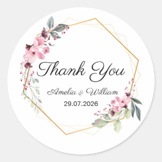 Pegatina Redonda Pink Elegant Floral Thank You Wedding Sticker