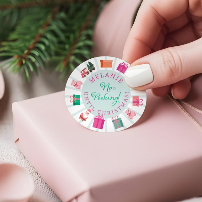 Pegatina Redonda Pink Elf Toy Factory No Peeking Until Christmas (Pink Elf Toy Factory No Peeking Until Christmas Classic Round Sticker)