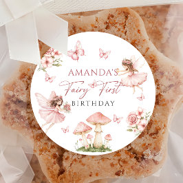 Pegatina Redonda Pink Fairy First Birthday Party Sticker
