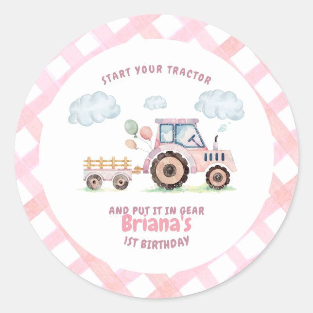 Pegatina Redonda Pink Farm Tractor Girl Any Age Birthday (Anverso)