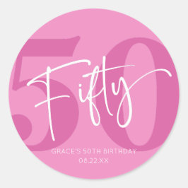 Pegatina Redonda Pink Fifty 500th Birthday Party Favor