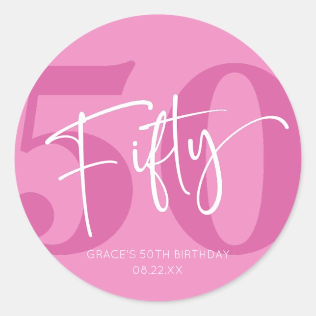 Pegatina Redonda Pink Fifty 500th Birthday Party Favor (Anverso)