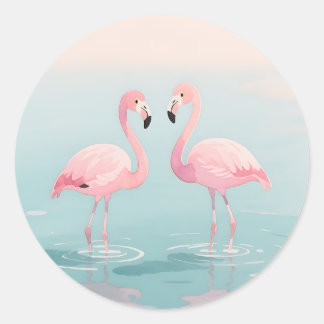Pegatina Redonda Pink Flamingo Pair Watercolor Serenity
