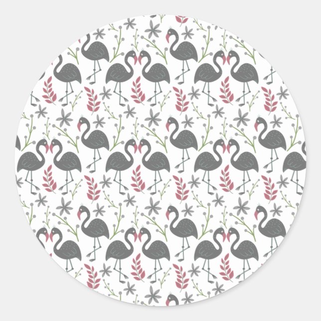 Pegatina Redonda Pink flamingo seamless pattern flowers, leaves (Anverso)