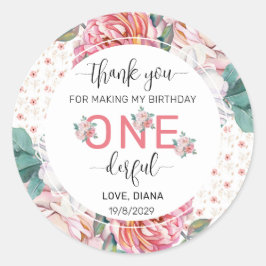 Pegatina Redonda Pink Floral 1er cumpleaños