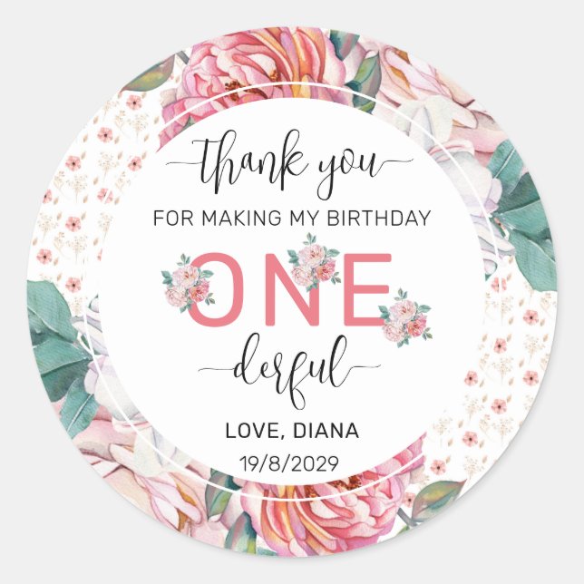 Pegatina Redonda Pink Floral 1er cumpleaños (Anverso)