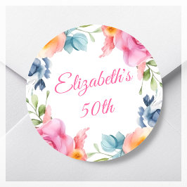 Pegatina Redonda Pink Floral 500th Birthday Party Favor
