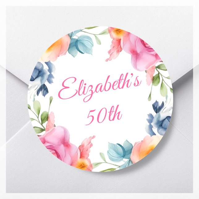 Pegatina Redonda Pink Floral 500th Birthday Party Favor (Subido por el creador)