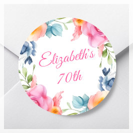 Pegatina Redonda Pink Floral 70th Birthday Party Favor
