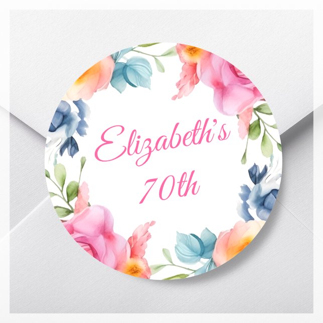Pegatina Redonda Pink Floral 70th Birthday Party Favor (Subido por el creador)