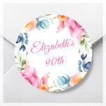 Pegatina Redonda Pink Floral 90th Birthday Party Favor<br><div class="desc">¿Buscas una manera divertida y festiva de añadir un toque personal a tu próxima fiesta de cumpleaños número 90? ¡Chequea a nuestros pegatinas de la fiesta de cumpleaños del personalizado! Con un vibrante borde de coloridos florales primaverales sobre un fondo blanco y nítido, estos pegatinas son la manera perfecta de...</div>