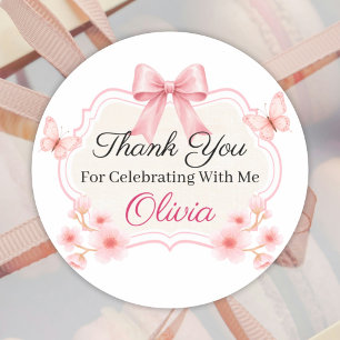 Pegatina Redonda Pink Floral Butterfly Birthday Personalized