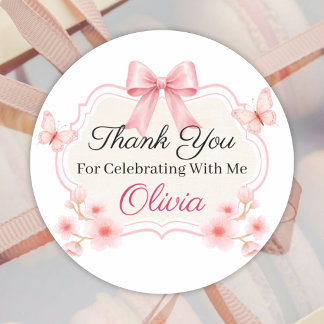 Pegatina Redonda Pink Floral Butterfly Birthday | Personalized