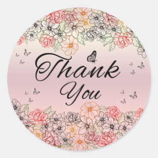 Pegatina Redonda Pink Floral Butterfly Round Thank You Sticker